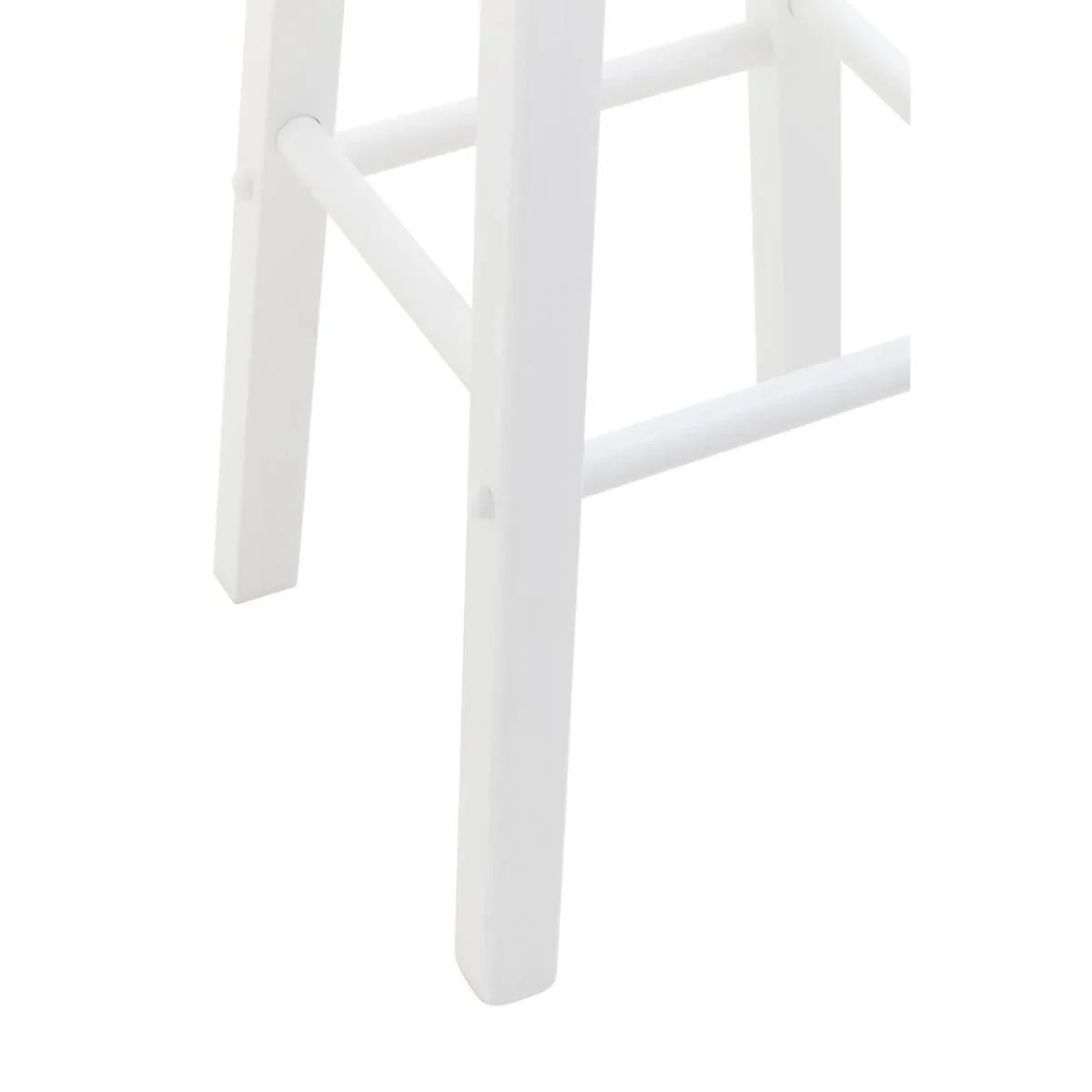 White wooden stool legs with crossbar detail, close-up of furniture finish