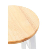 Round wooden stool with natural seat and white painted legs, close top angle