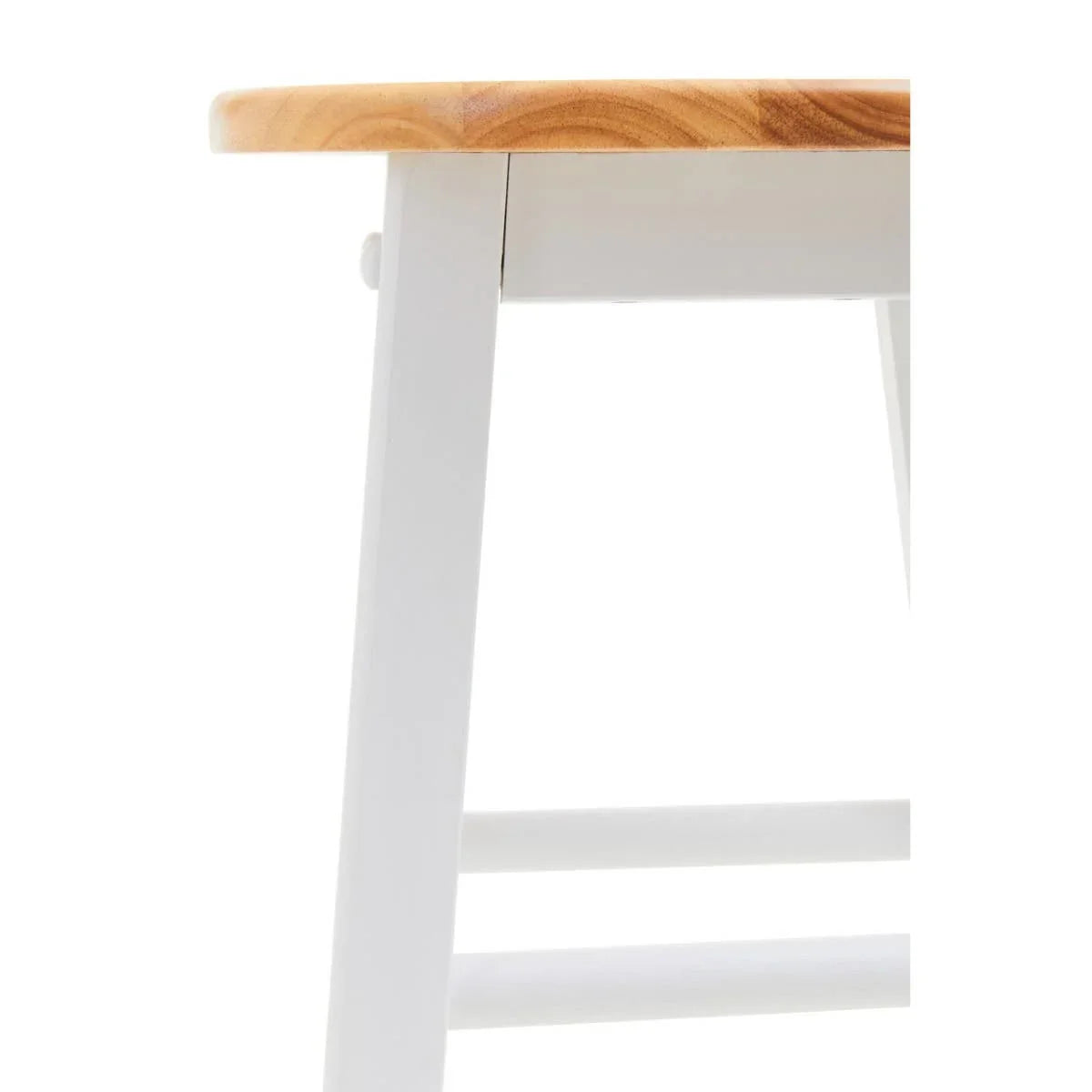 Detail of wooden dining chair white legs and natural wood seat