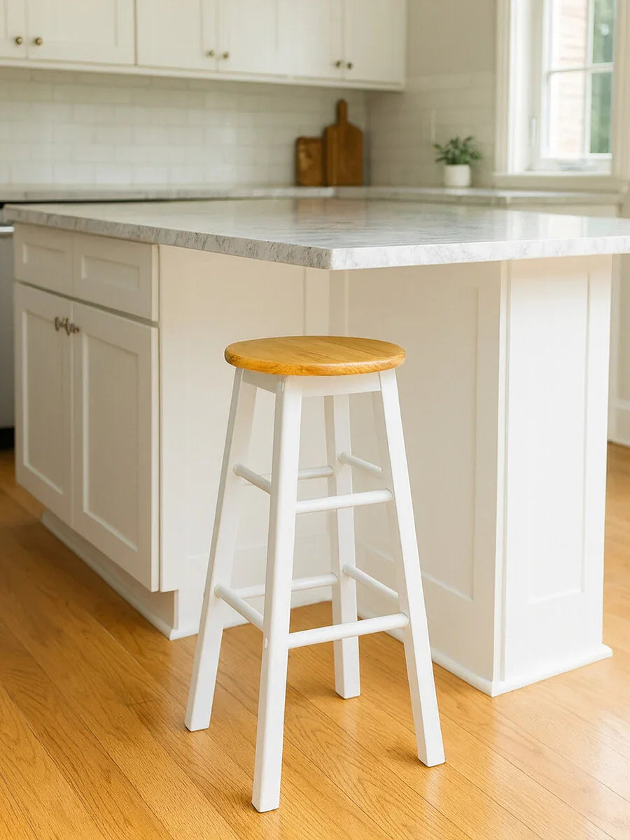 White wooden bar stool with natural wood seat by kitchen island on hardwood floor