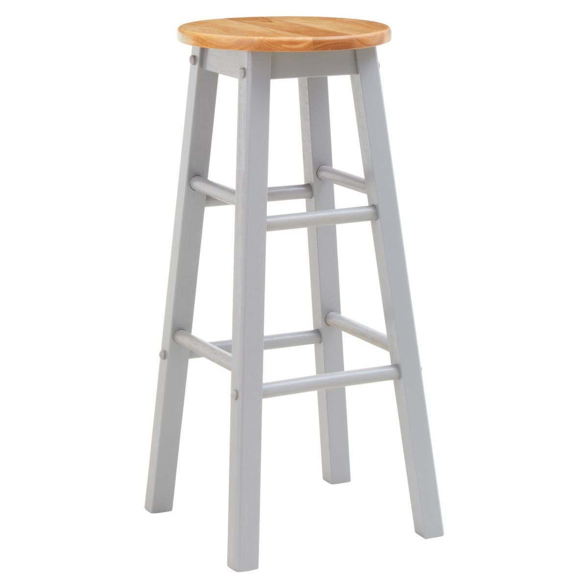 Natural wood seat with a light finish atop a sturdy grey wooden frame, featuring four legs and a footrest for added support. The design is simple and modern, suitable for kitchen or bar use