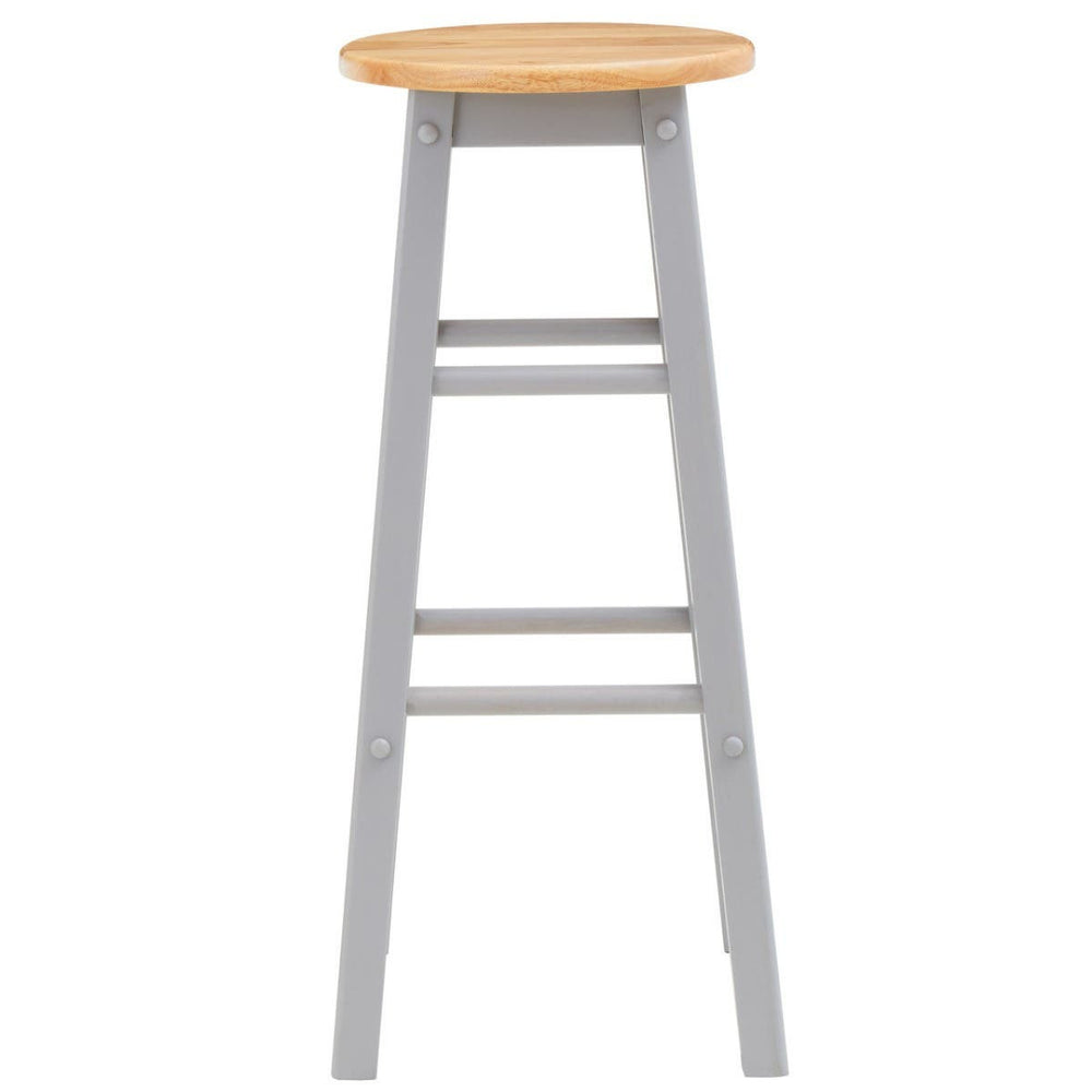 A tall bar or kitchen stool featuring a natural wood round seat and a grey wooden frame with four legs and a footrest. The design is simple and modern, suitable for various interior styles
