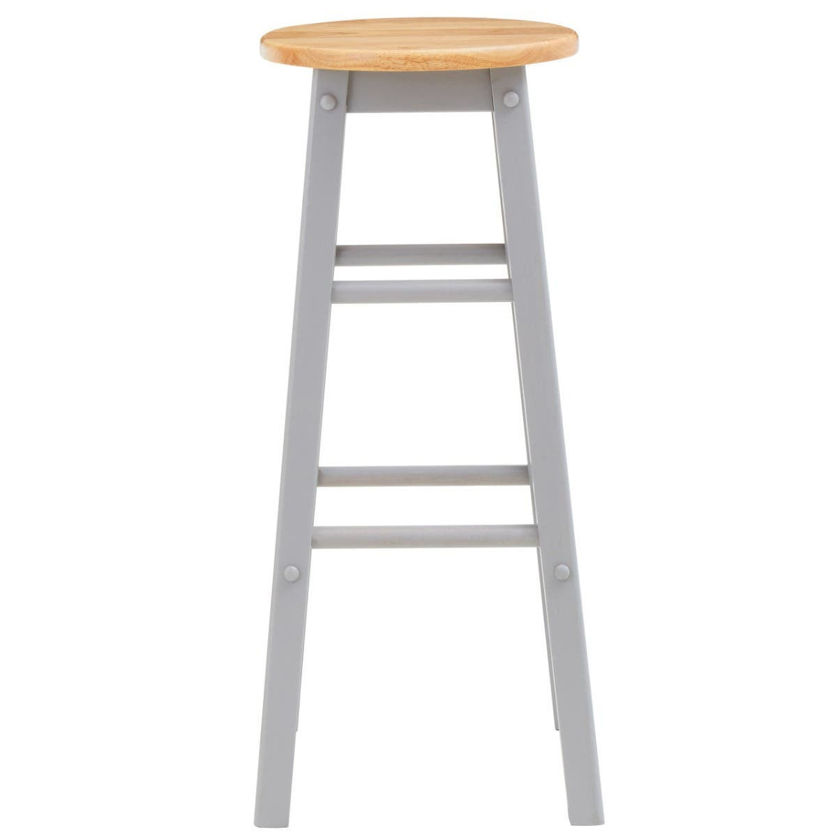 A tall bar or kitchen stool featuring a natural wood round seat and a grey wooden frame with four legs and a footrest. The design is simple and modern, suitable for various interior styles