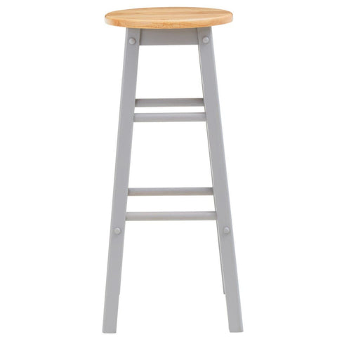 A tall bar or kitchen stool featuring a natural wood round seat and a grey wooden frame with four legs and a footrest. The design is simple and modern, suitable for various interior styles