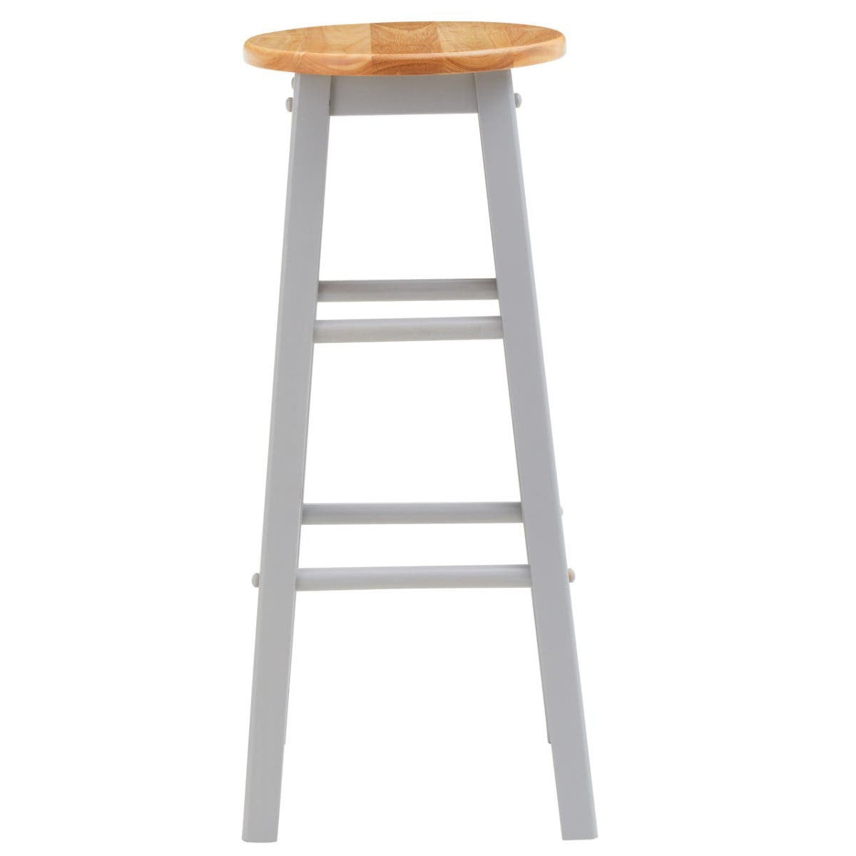 Natural wood round seat with a smooth finish supported by a tall, grey wooden frame featuring four legs and a footrest. The design is simple and modern, suitable for bar or kitchen use
