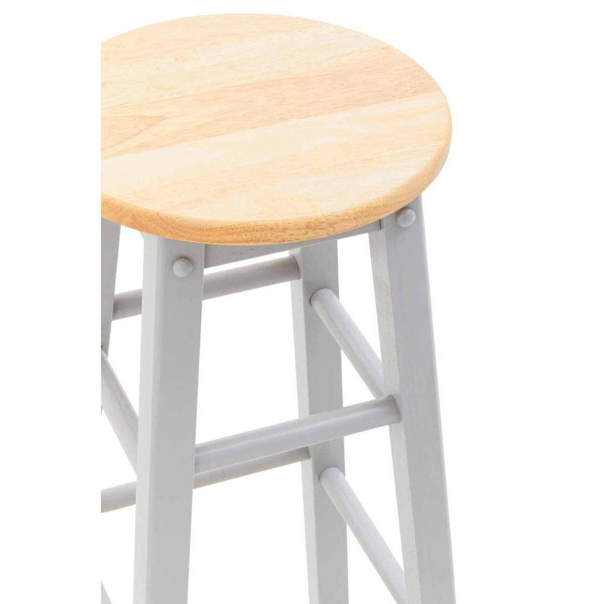 Natural wood round seat with a light finish, supported by a grey wooden frame featuring four legs and a crossbar for stability. The design is simple and modern, suitable for bar or kitchen use