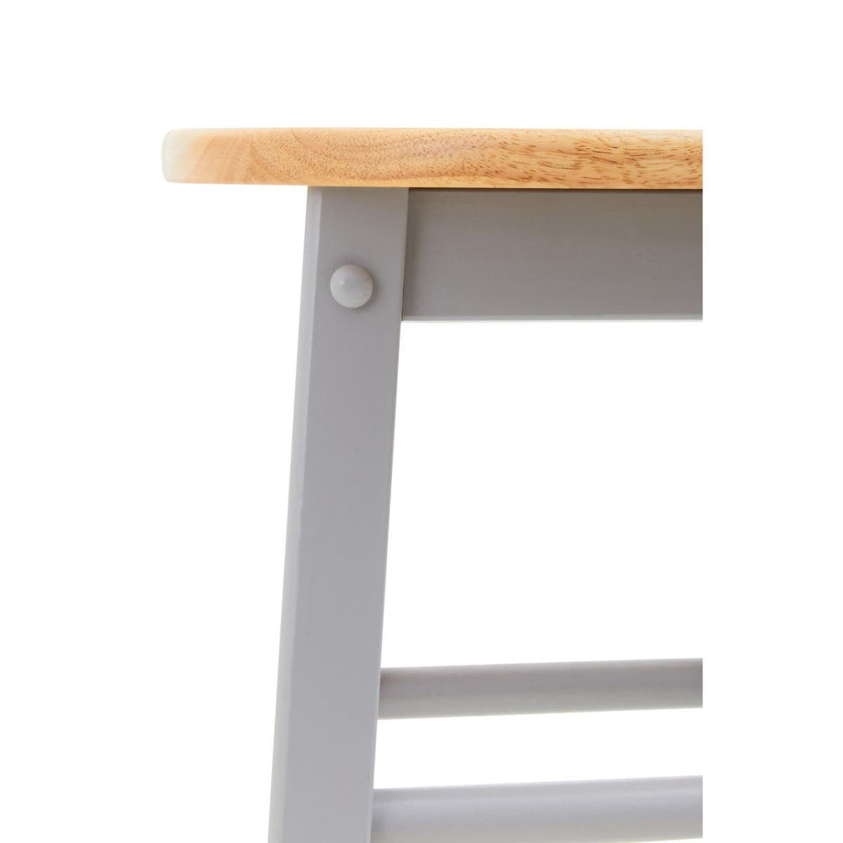 Natural wood top with a smooth finish, supported by a sturdy grey wooden frame featuring a horizontal support bar and a visible metal connector. The design is modern and minimalist, suitable for bar or kitchen use