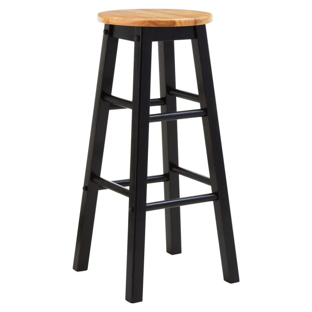 Wooden bar stool with natural seat and black frame, angled front view