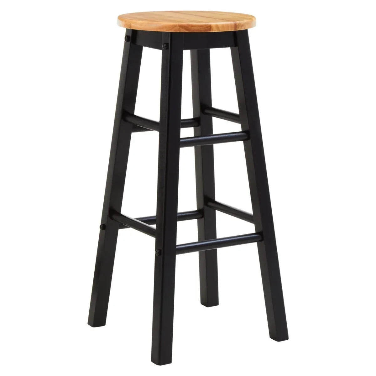 Wooden bar stool with natural seat and black frame, angled front view