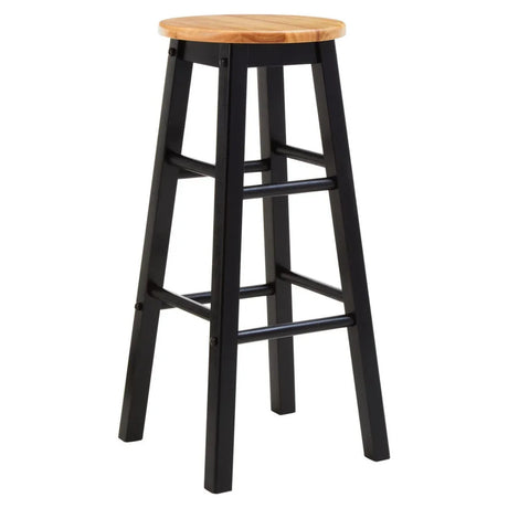 Wooden bar stool with natural seat and black frame, angled front view