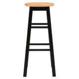 Wooden bar stool with natural round seat and black legs, front facing view