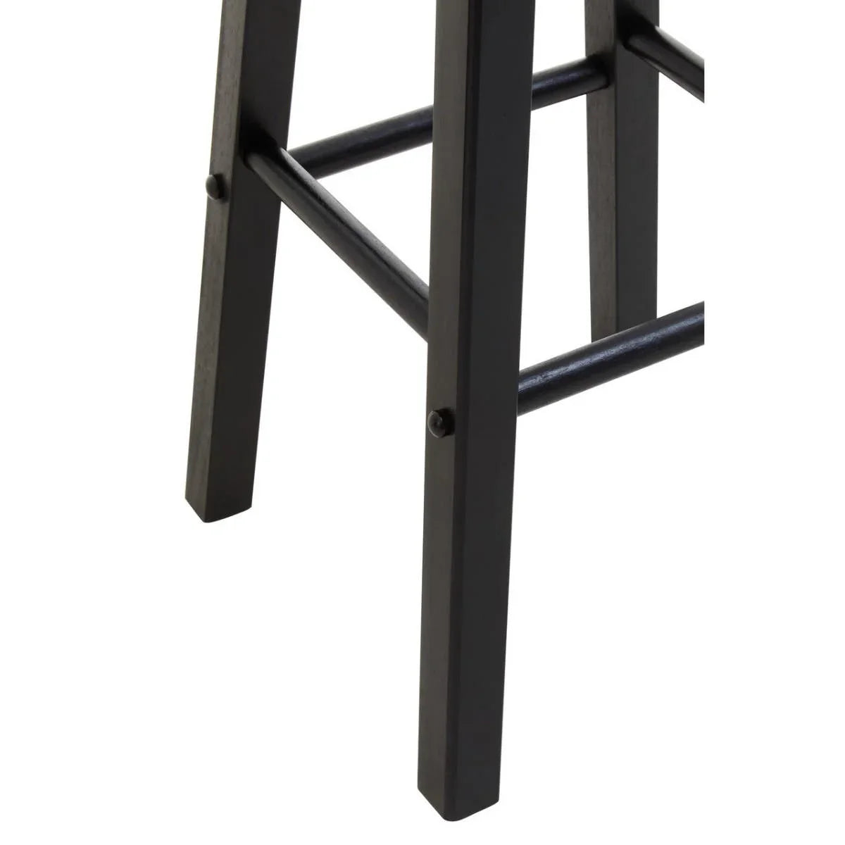 Close-up of black wooden stool legs and footrest bars on white background