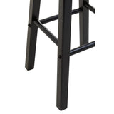 Close-up of black wooden stool legs and footrest bars on white background
