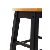 Close up of wooden bar stool with natural seat and black frame