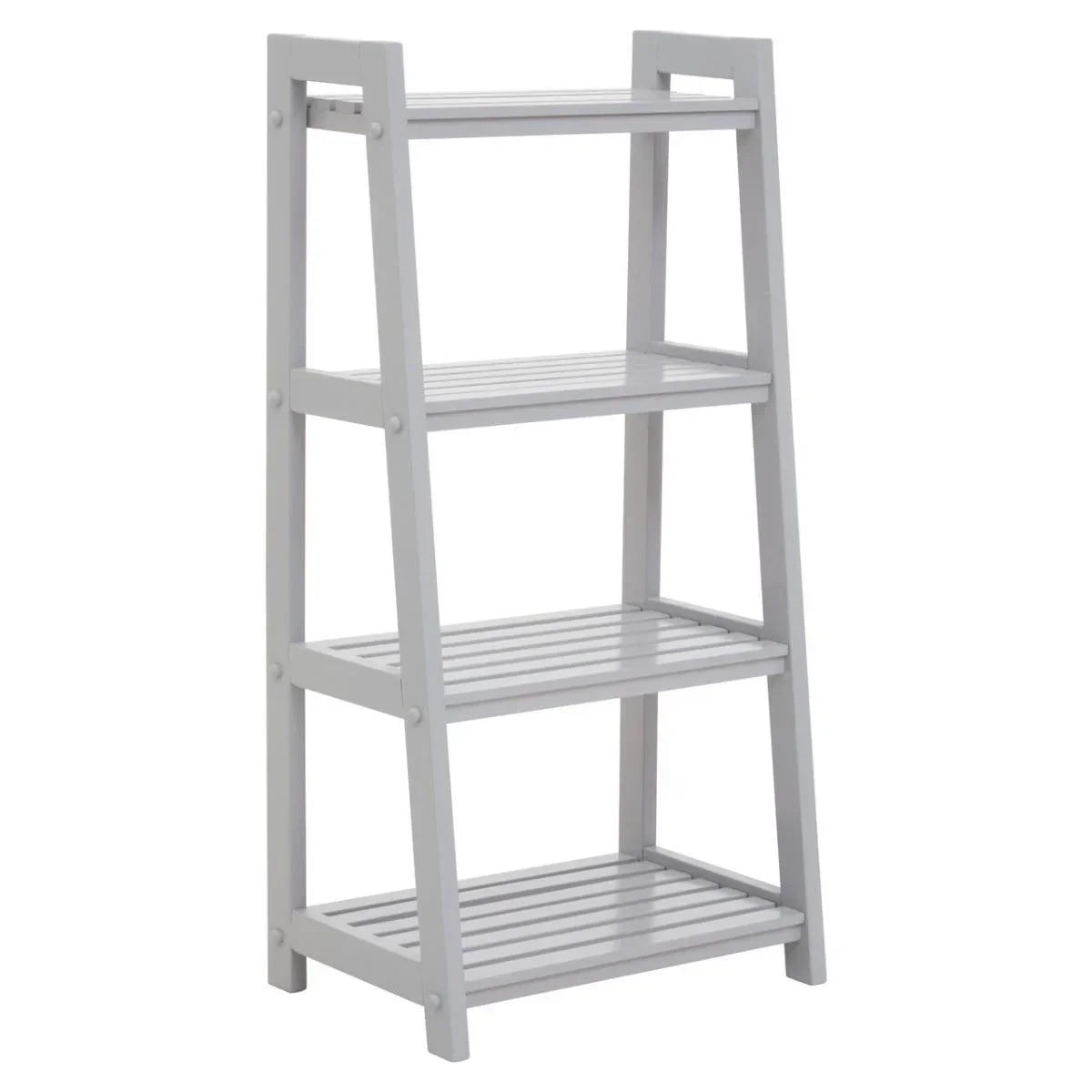 Grey wooden shelving unit with four slatted tiers and angled sides