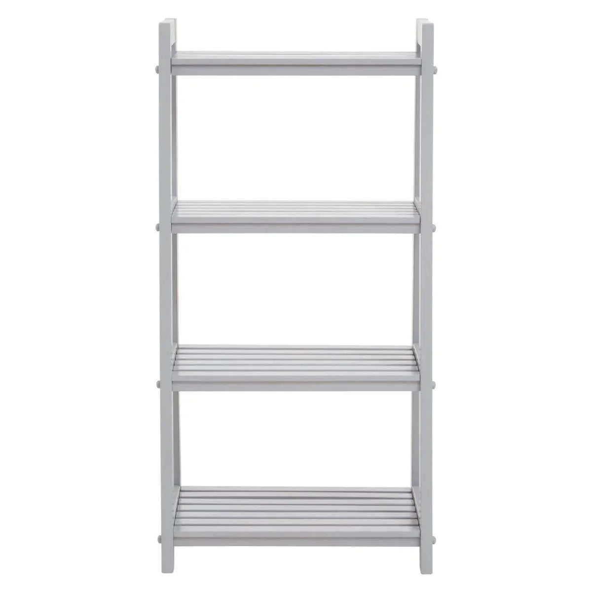 White wooden shelving unit with four open slatted shelves, front view