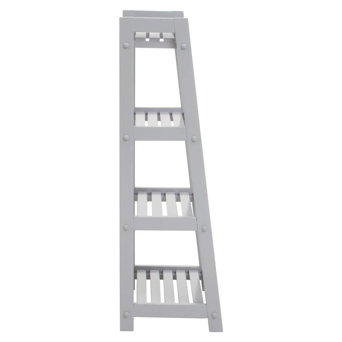 Grey wooden ladder shelf unit with four slatted tiers for storage or display