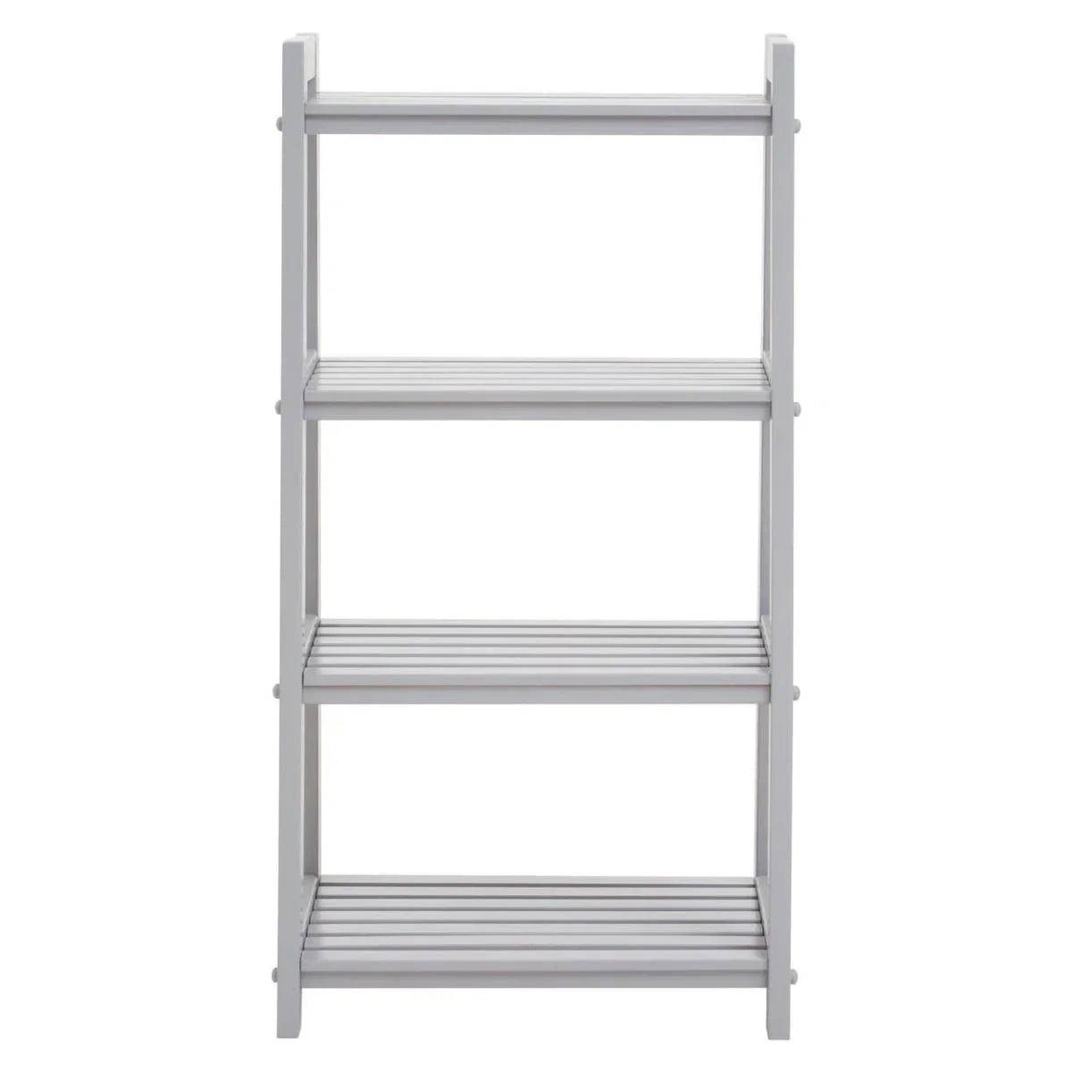 White wooden shelving unit with four slatted shelves, straight-on front view