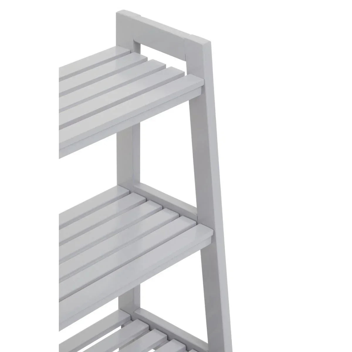 White wooden shelving unit with three slatted shelves, side angle view