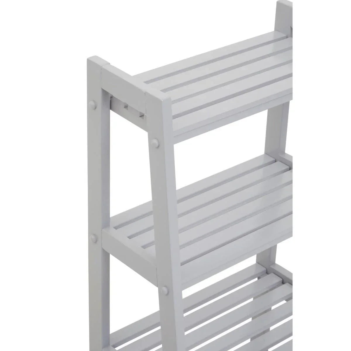 White wooden slatted shelving unit with three shelves, angled side view