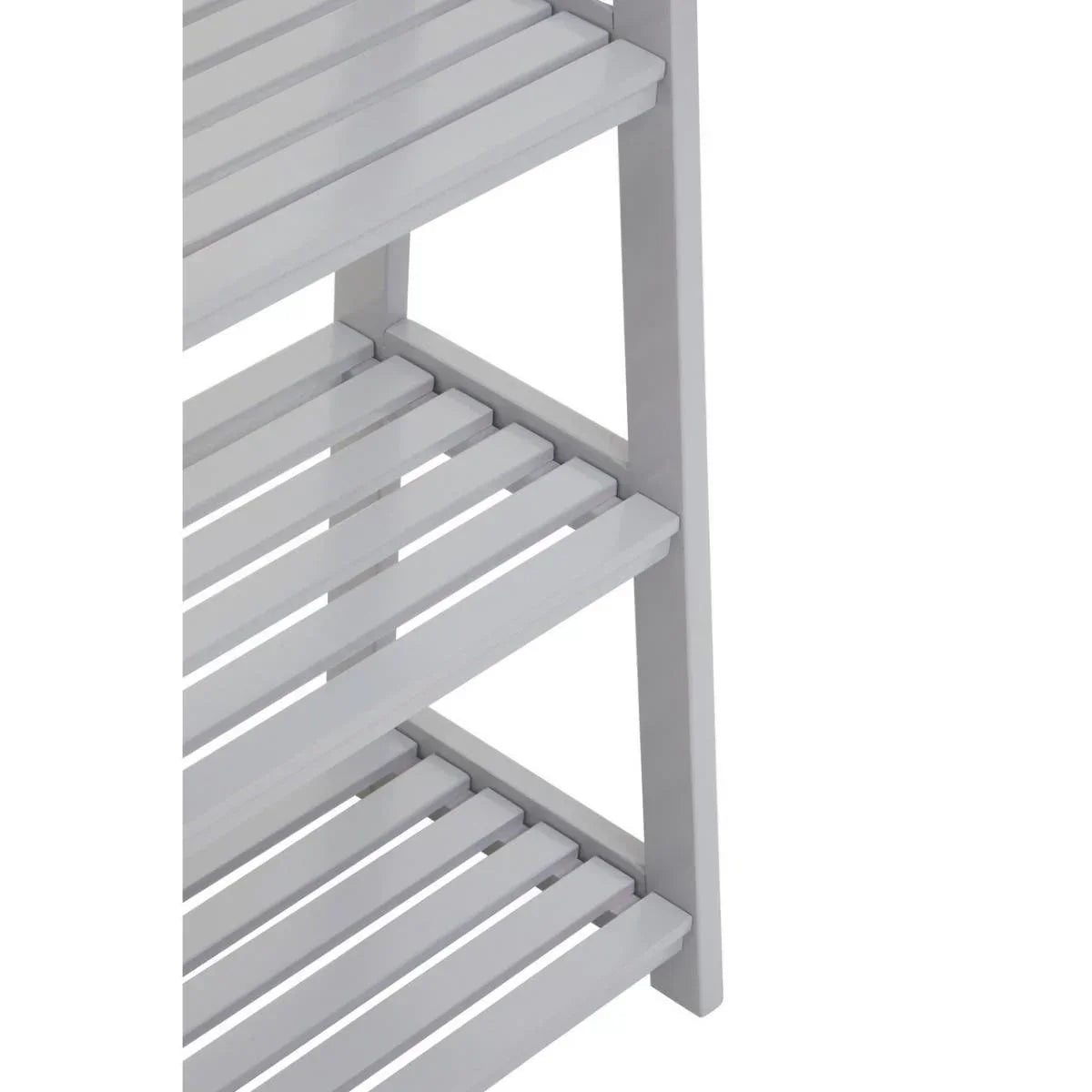 Close-up of grey wooden slatted shelving unit showing shelf details and side frame