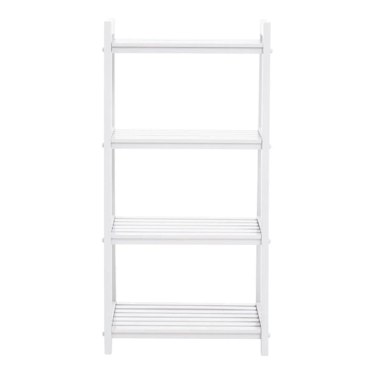 White wooden shelving unit with four slatted shelves, photographed on a white background