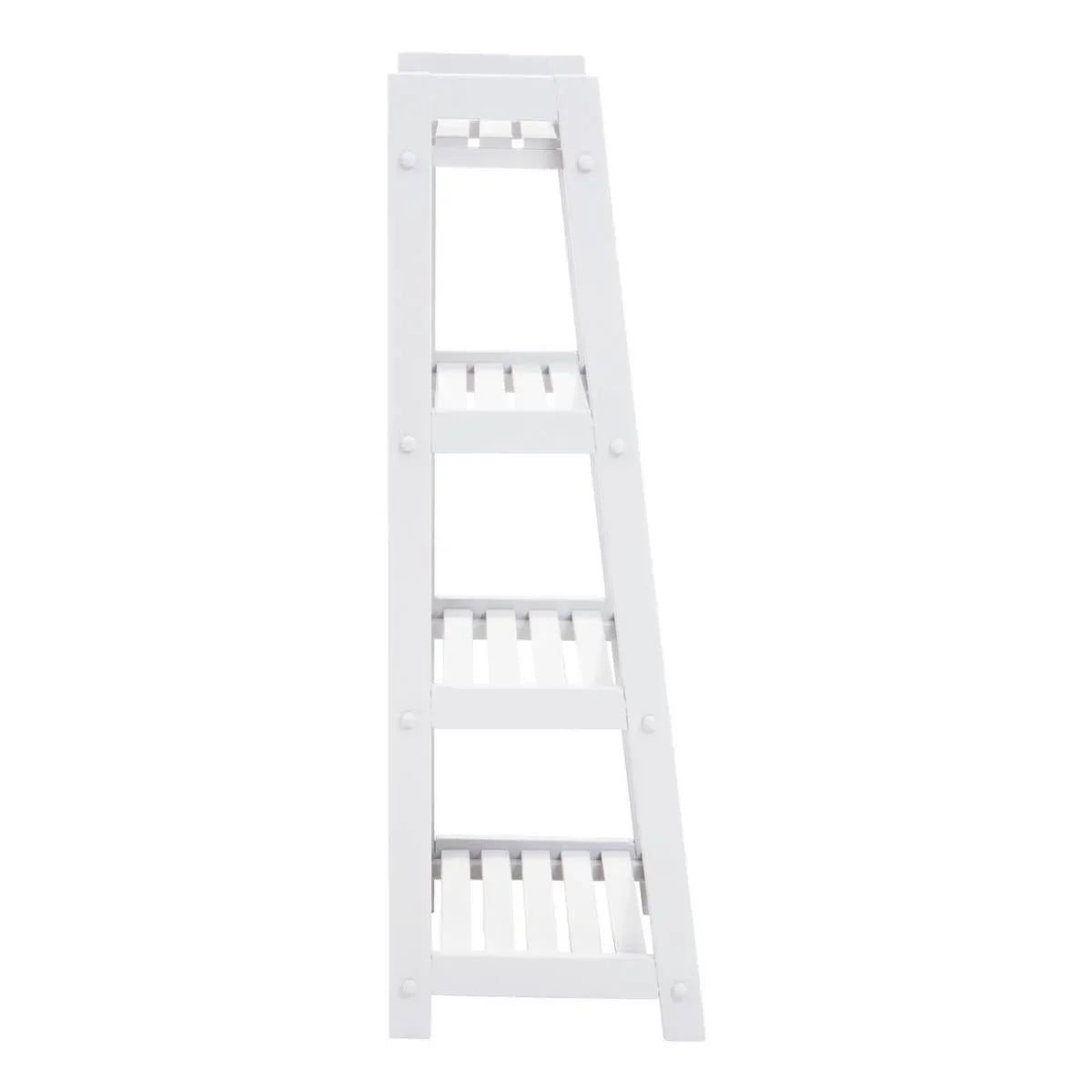White wooden ladder shelf with four slatted tiers, freestanding storage unit