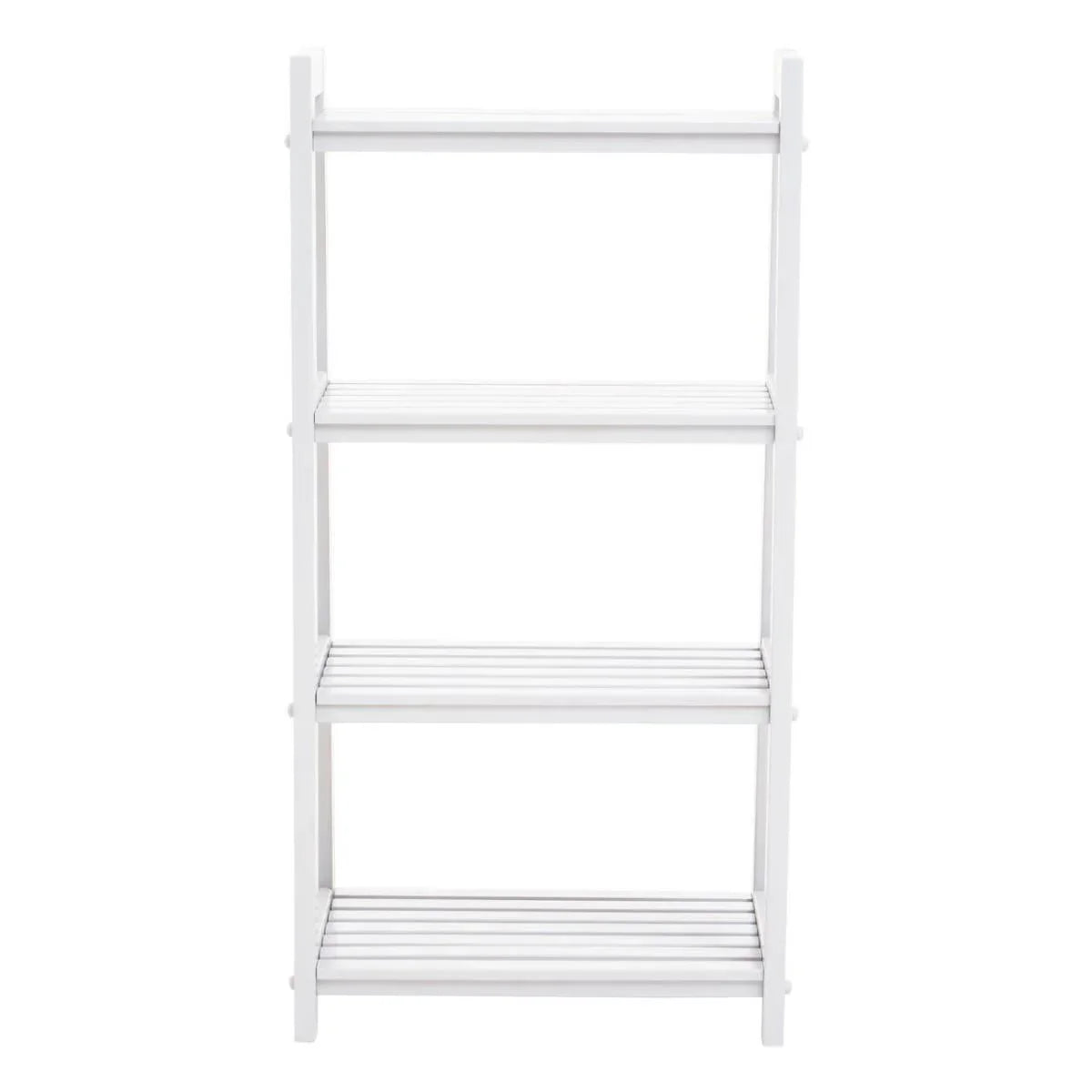 White four tier wooden shelving unit with slatted shelves, front view