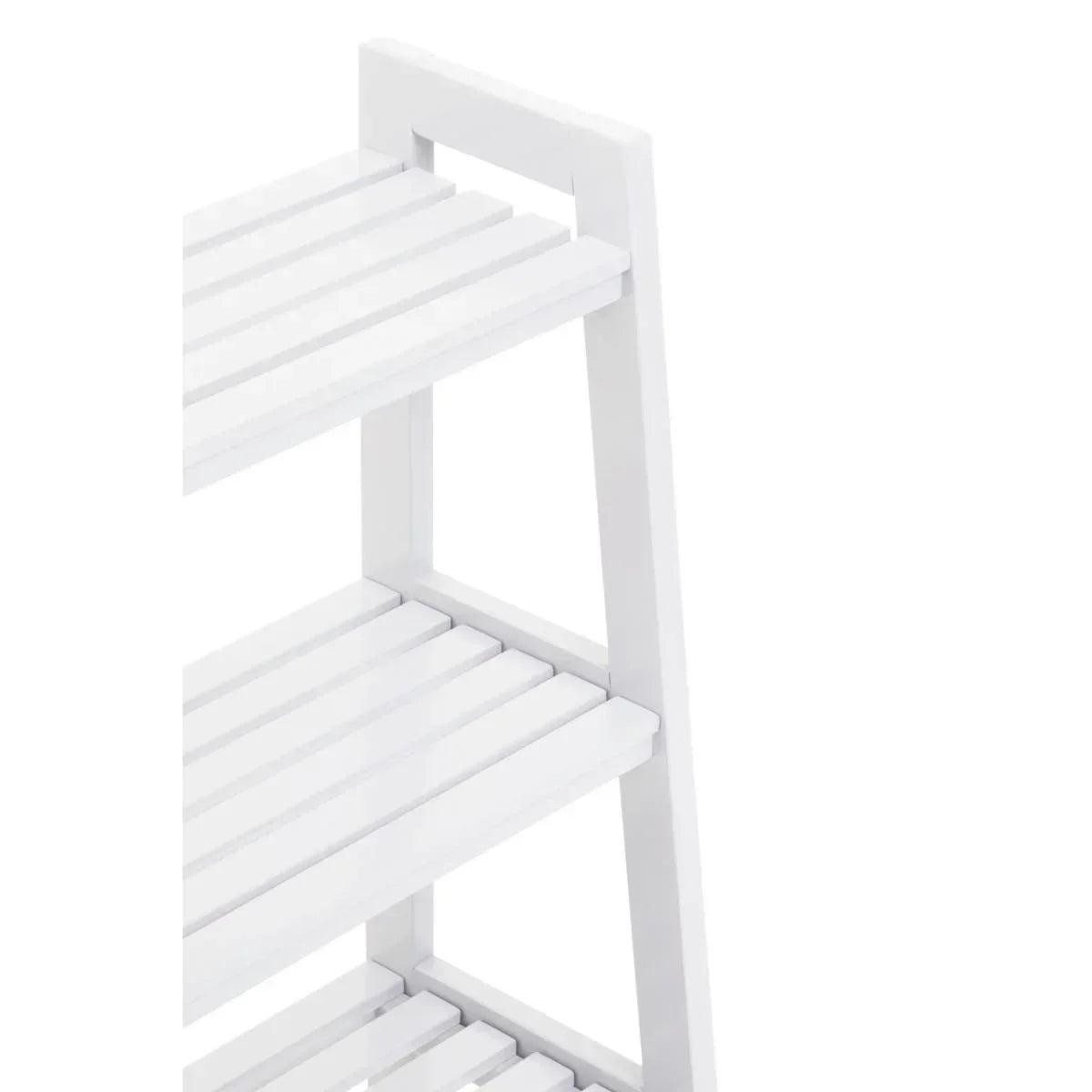 White wooden shelving unit with slatted shelves, angled side view
