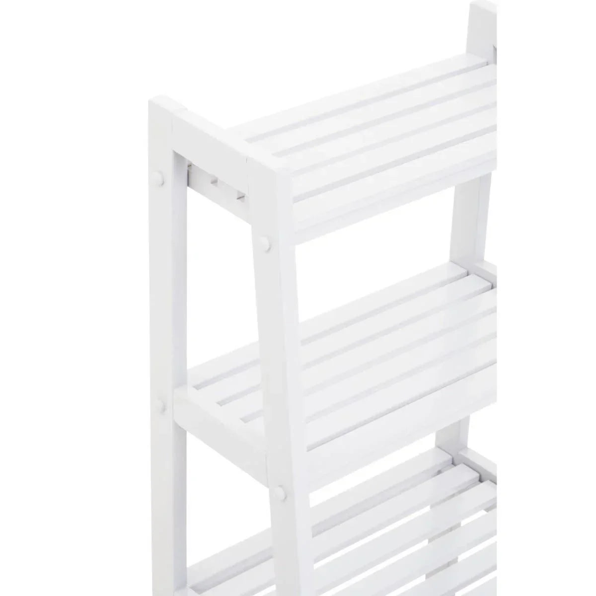 Close-up of white wooden shelving unit with slatted shelves