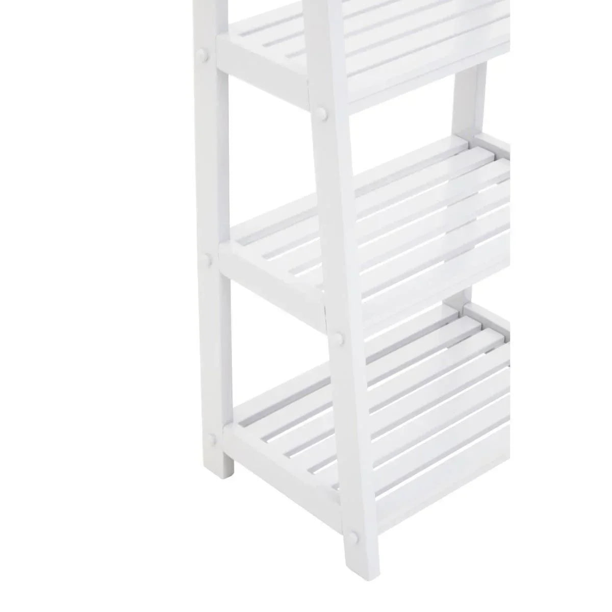 White wooden shelving unit with slatted shelves, close-up of lower three tiers