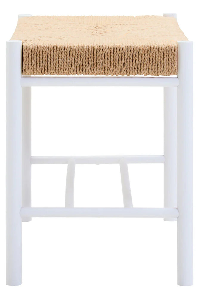 Natural rope seat stool with white wooden frame, front view