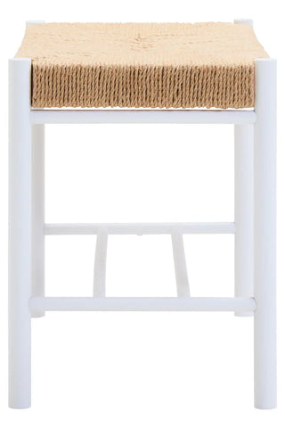 Natural rope seat stool with white wooden frame, front view