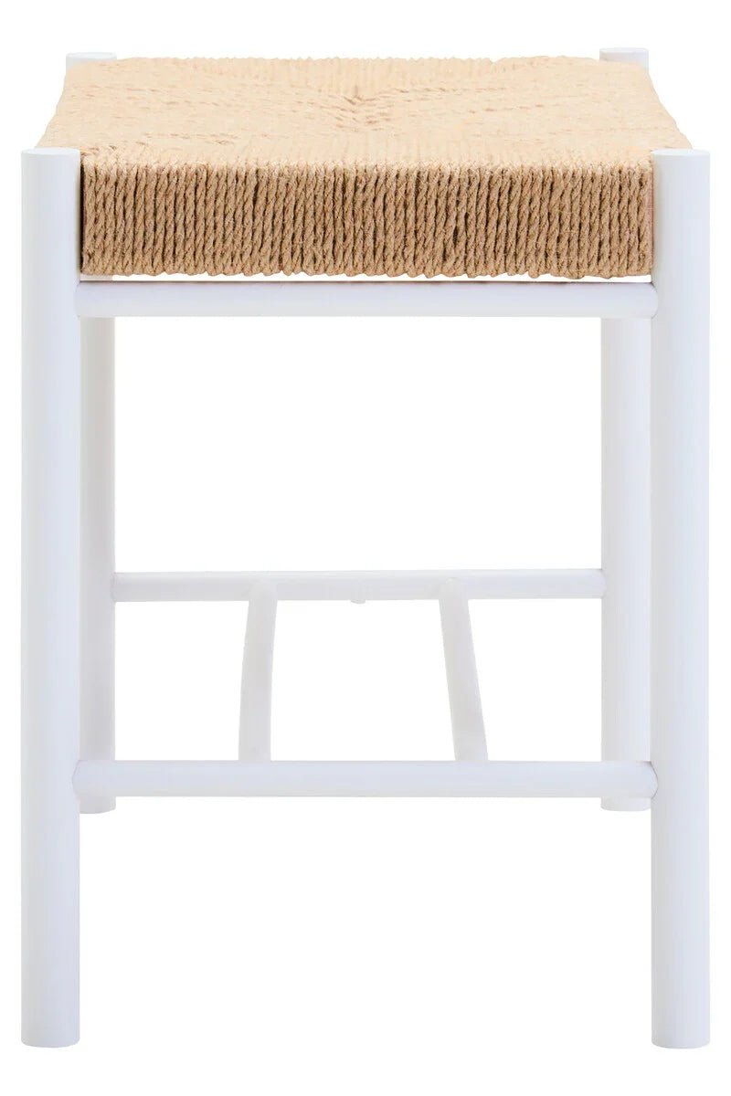 Natural rope seat stool with white wooden frame, front view