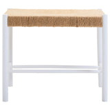 White wood stool with natural woven seat, front view