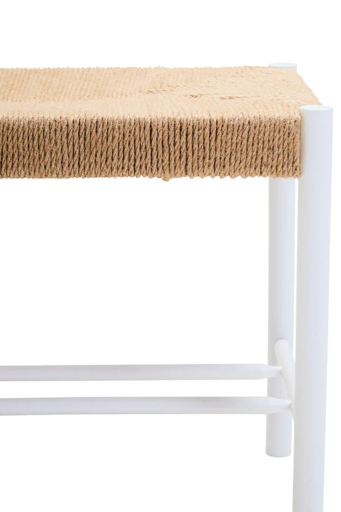 Woven natural rope bench seat with white wooden legs, close-up on edge and frame