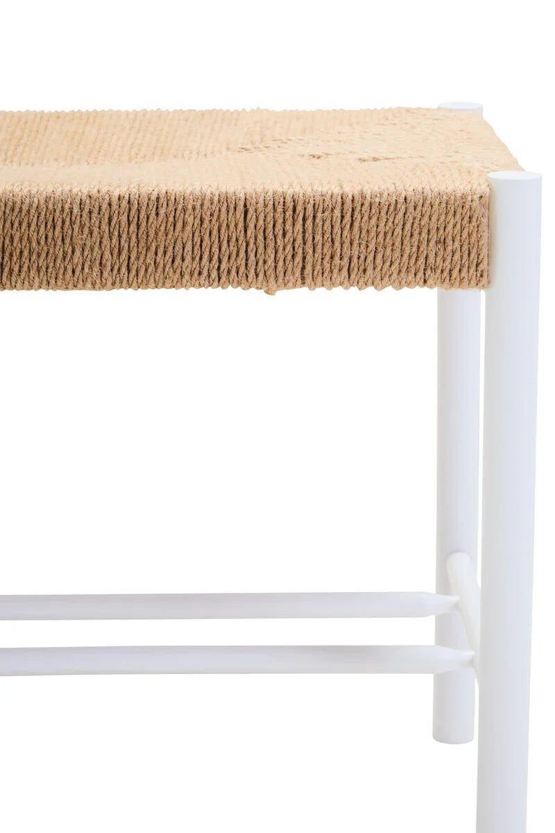Woven natural rope bench seat with white wooden legs, close-up on edge and frame