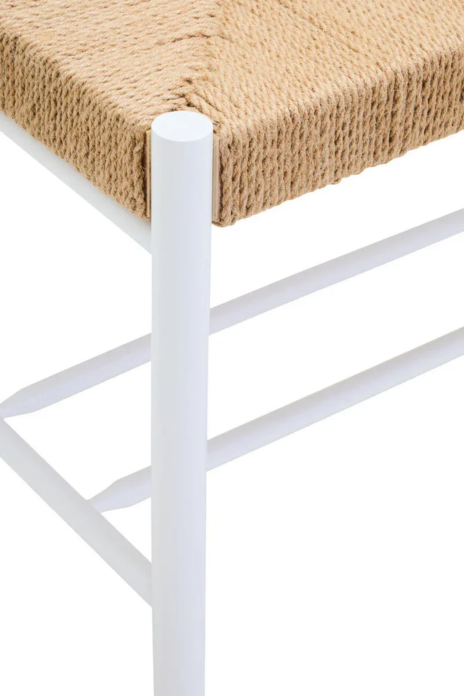 Woven rope seat on white metal chair frame, close up of corner and leg details