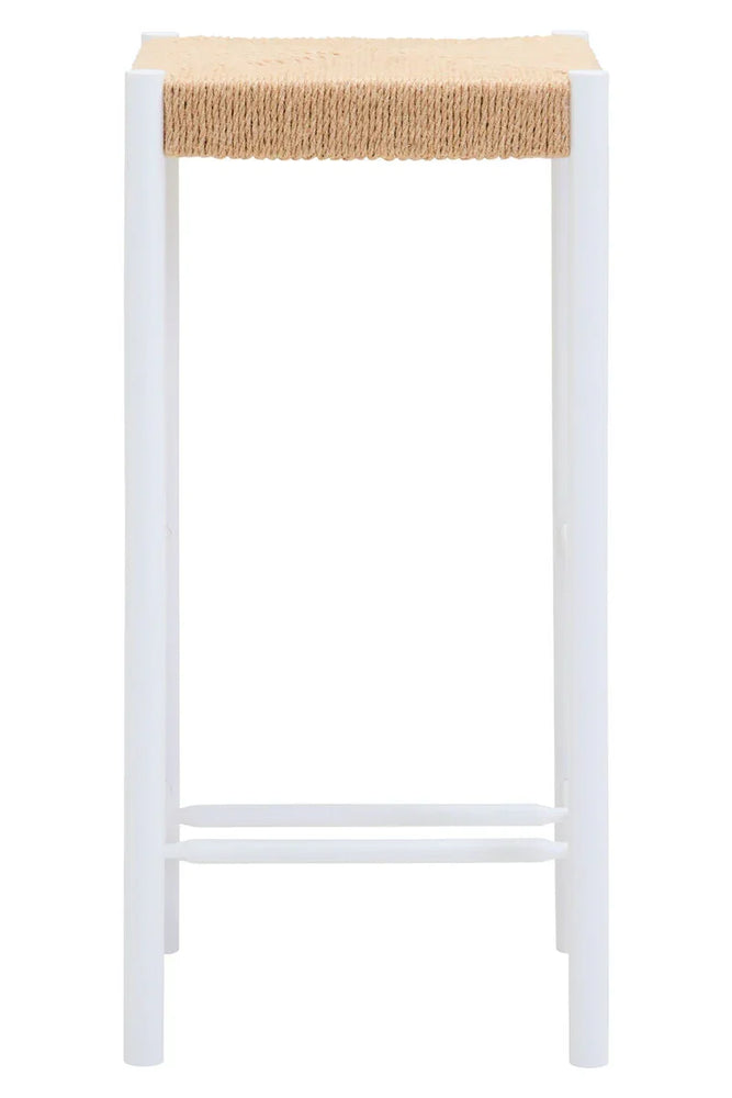 White wooden bar stool with woven rope seat, front view, modern furniture design