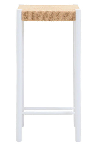 White wooden bar stool with woven rope seat, front view, modern furniture design