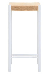 White wooden bar stool with woven rope seat, front view, modern furniture design