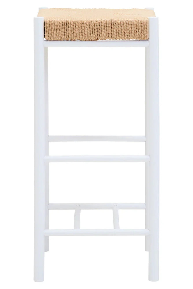 White wooden bar stool with natural woven seat, front view