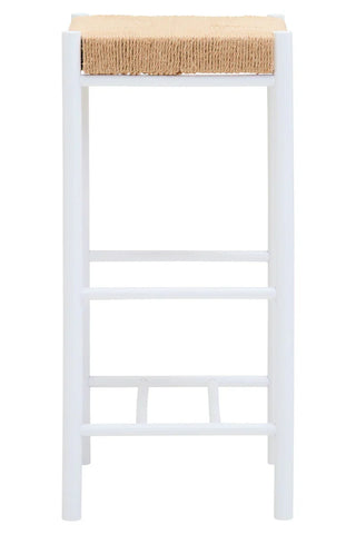 White wooden bar stool with natural woven seat, front view