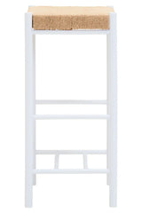 White wooden bar stool with natural woven seat, front view