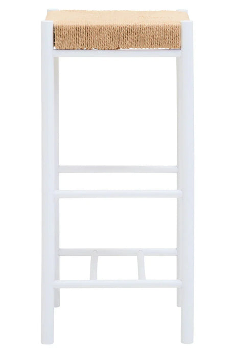 White wooden bar stool with natural woven seat, front view