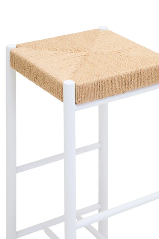 white bar stool with woven natural rope seat and square top