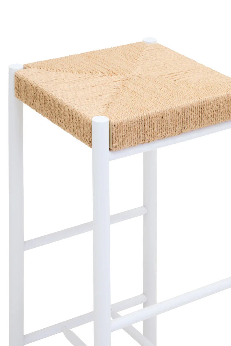 white bar stool with woven natural rope seat and square top