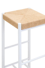 white bar stool with woven natural rope seat and square top
