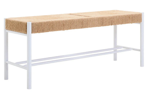 Woven jute bench with natural seat and white metal frame, shown from side angle