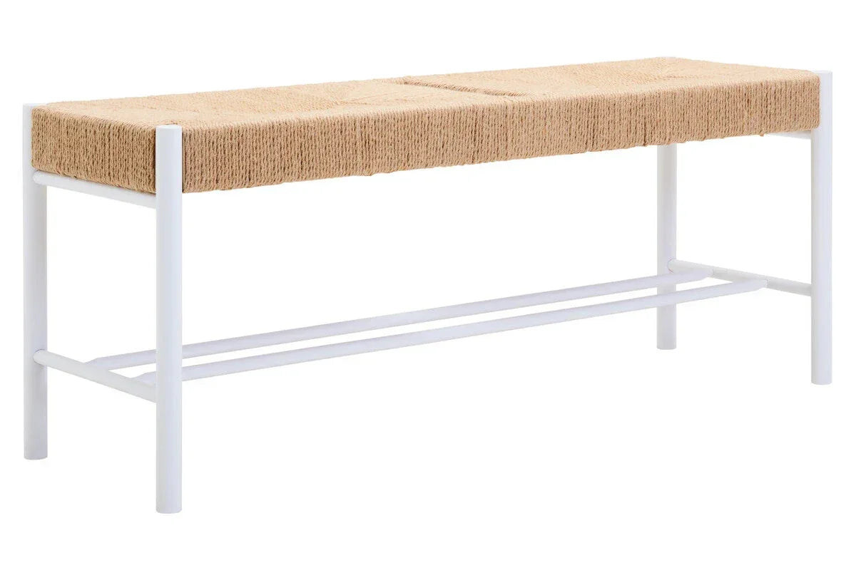 Woven jute bench with natural seat and white metal frame, shown from side angle